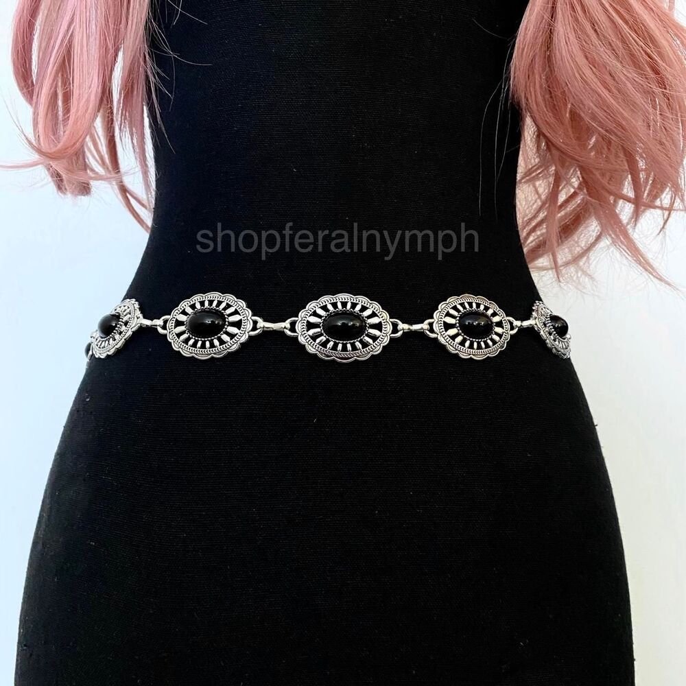 Silver Y2K Black Stone Concho Waist Chain Belt, Fits 24.5-38.5 Inches, X7GA1294